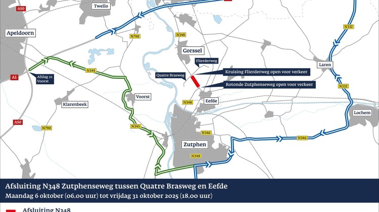 Werkzaamheden Zutphenseweg (N348) tussen Gorssel en Eefde in oktober