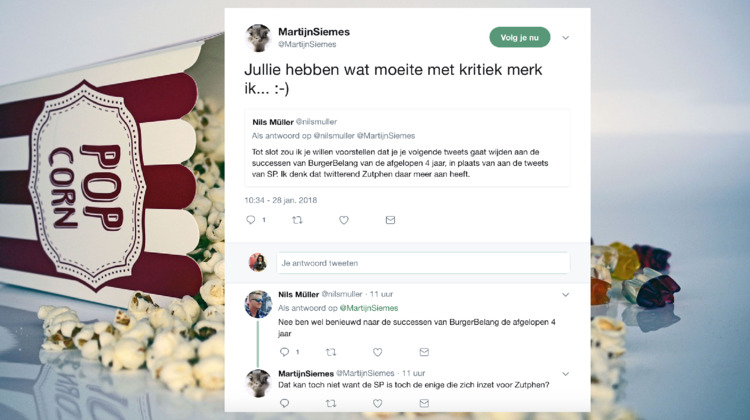 Pak de popcorn! De Zutphense politici waren weer lief voor elkaar op Twitter